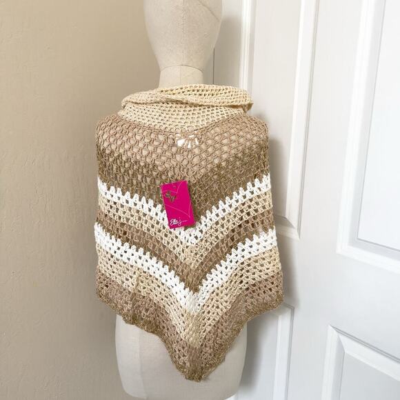 NWT Poncho Crochet Beige Tan Ivory Y2K 2000s Cowl Open Knit Linen Hippie Boho - Picture 2 of 3